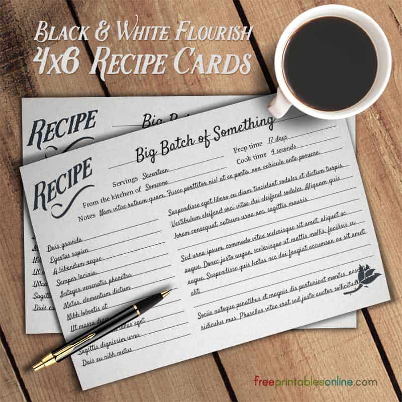 Flourish Black And White Simple Recipe Cards Free Printables Online