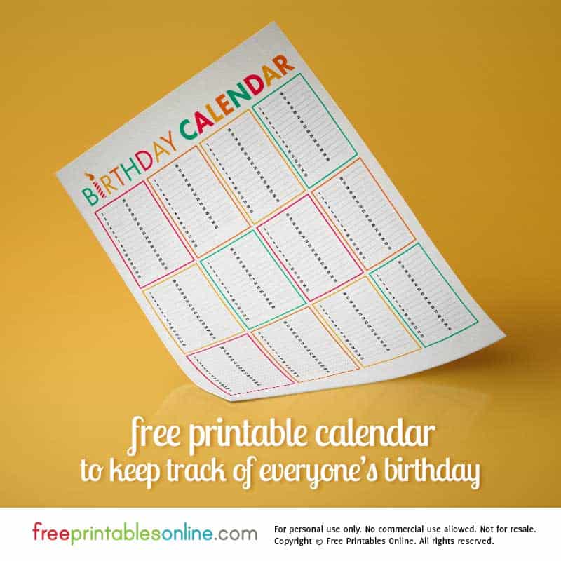 colorful birthday calendar printable free printables online