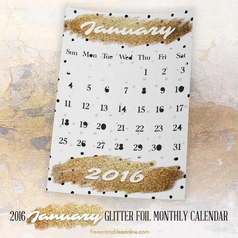 Glitter Foil Gold January Monthly Calendar