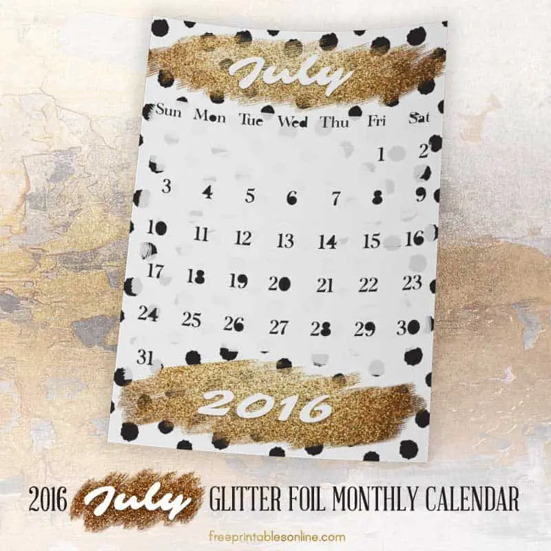 Glitter Foil Gold July Monthly Calendar