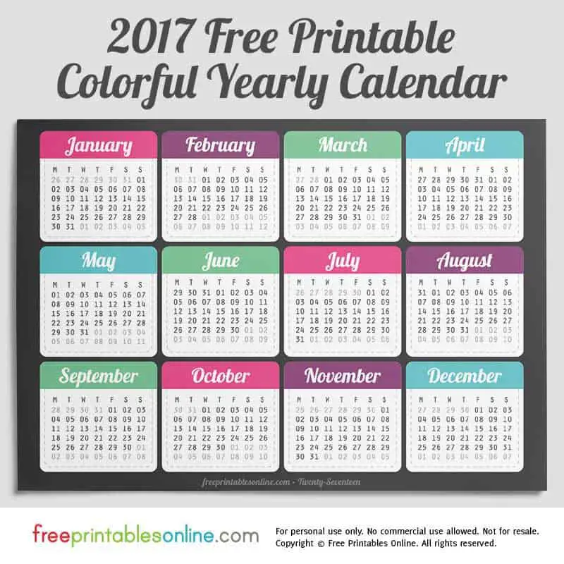 2017 Yearly colorful calendar