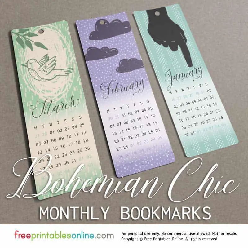 Wintertime Bohemian Chic Monthly Bookmarks