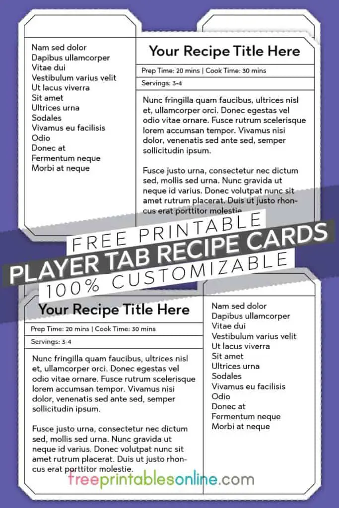 Player Tab Recipe Card templates