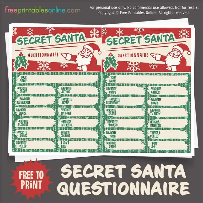 SECRET SANTA, Questionnaire Printable