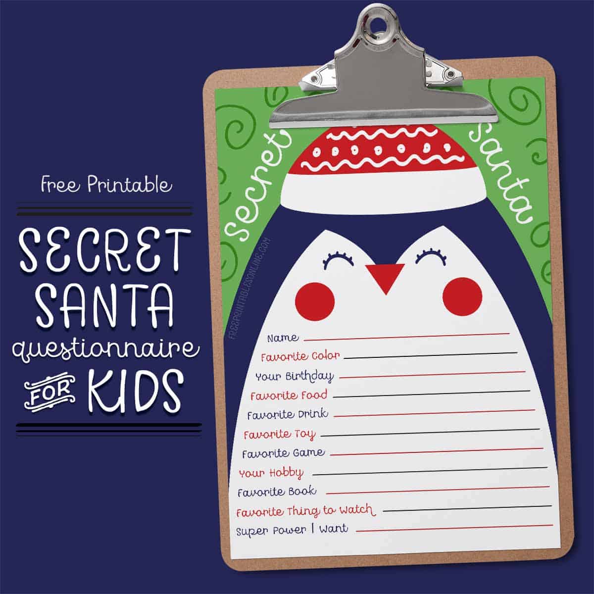 SECRET SANTA, Questionnaire Printable