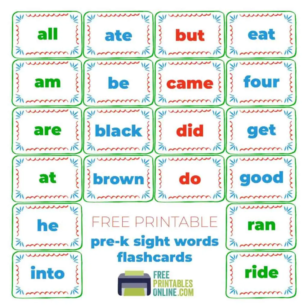 Kindergarten Sight Words Flash Cards