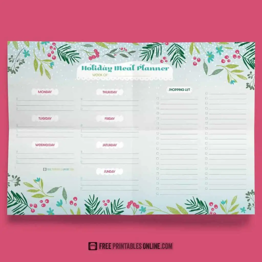 Free Printable holiday meal planner
