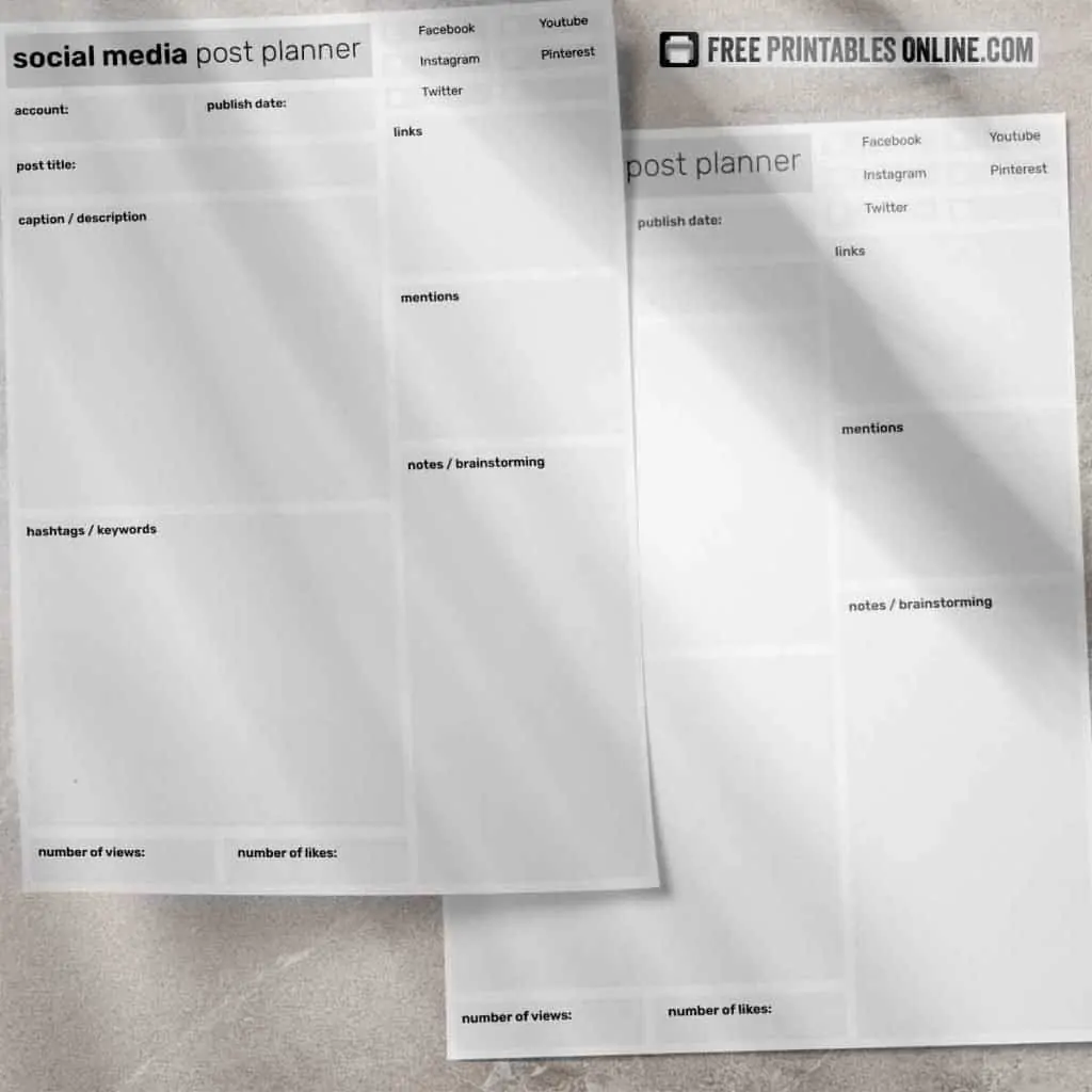 Social media planner for posts Free Printables Online