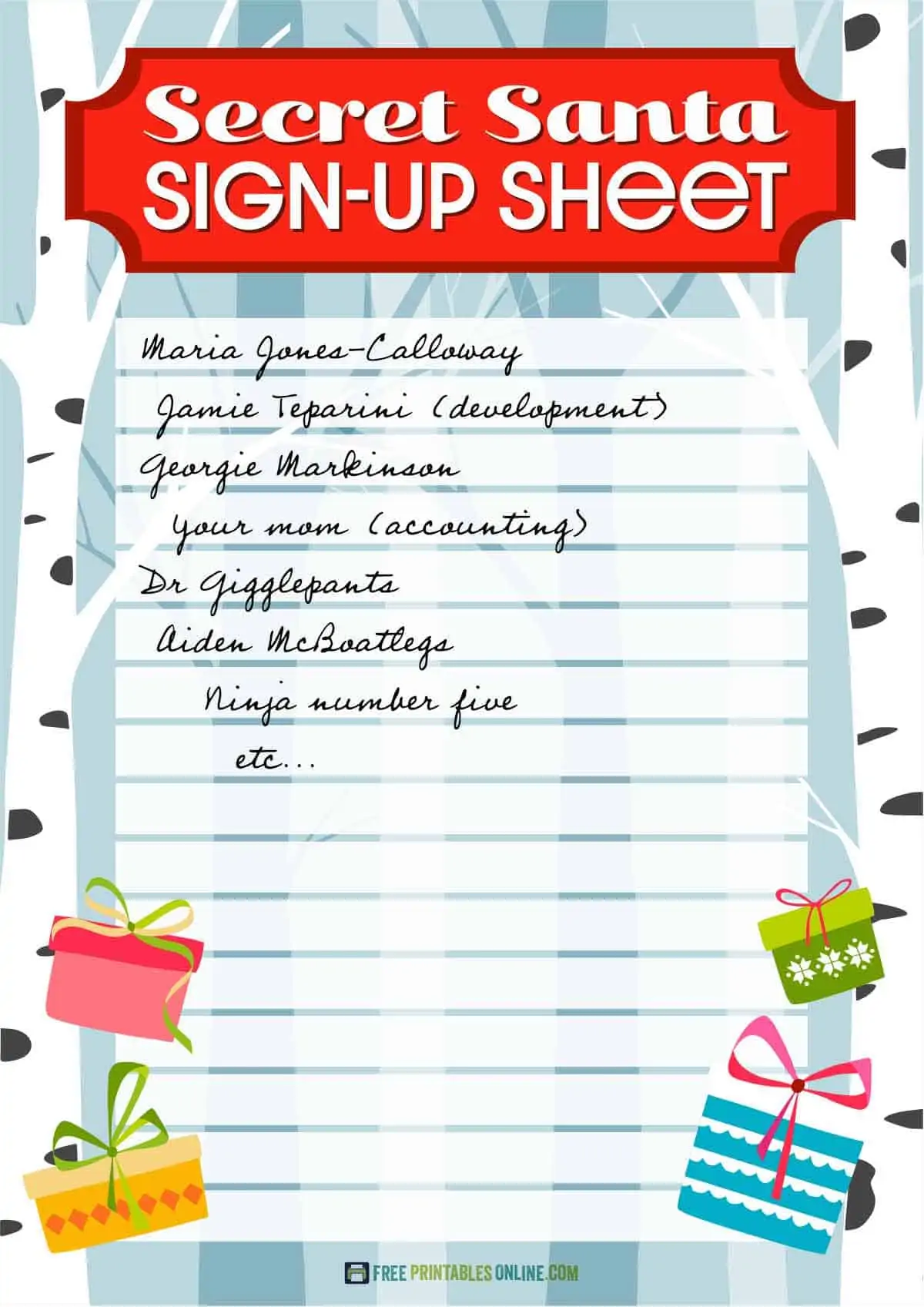 Printable secret Santa sign up sheet Free Printables Online