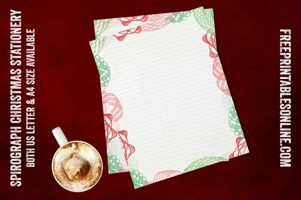 mockup image of Christmas stationery with green and red spirograph edges, alongside a cup of coffee