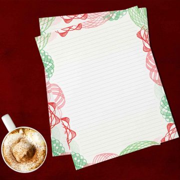 mockup image of Christmas stationery with green and red spirograph edges, alongside a cup of coffee