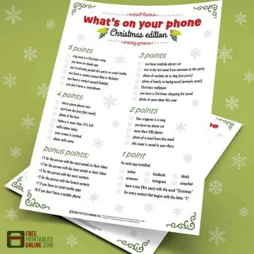 mockup image of a sheet of paper with a what's on your phone christmas game