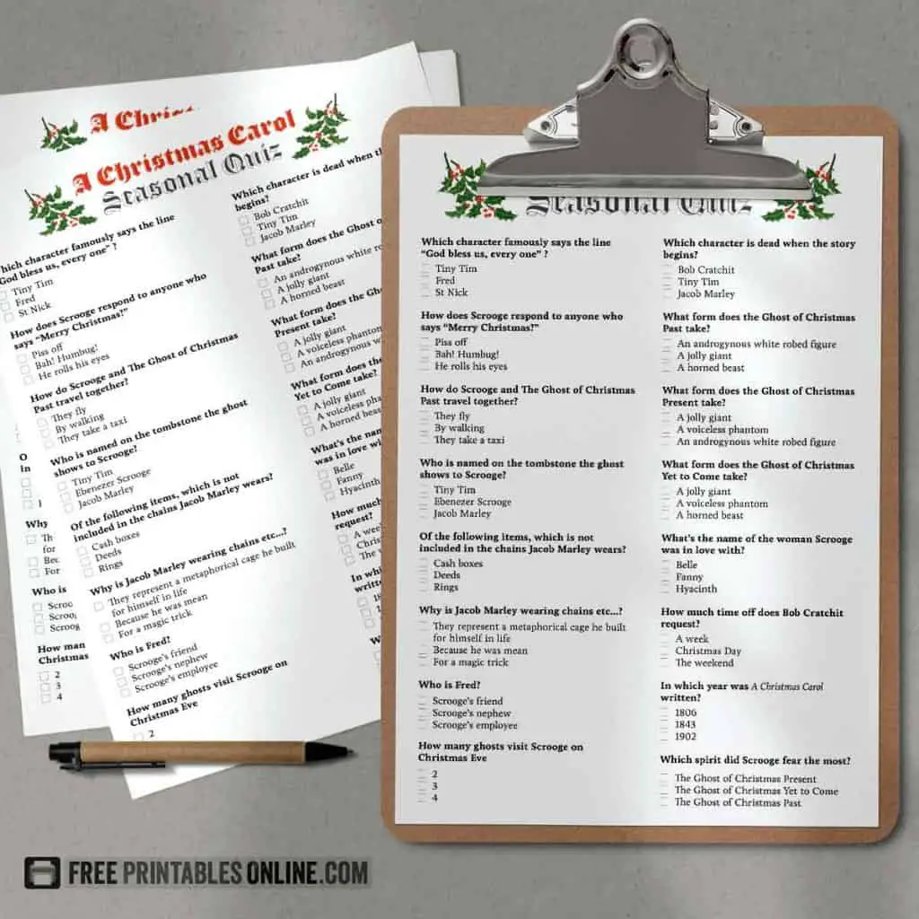 Image contains a clipboard with an A4 copy of A Christmas Carol quiz alongside two sheets of US Letter sized versions of the same quiz.