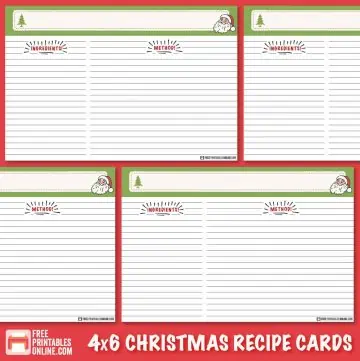 mockup of four 4x6 recipe cards with a Christmas theme. Top section features an illustration of Santa's head alongside space for the recipe title.