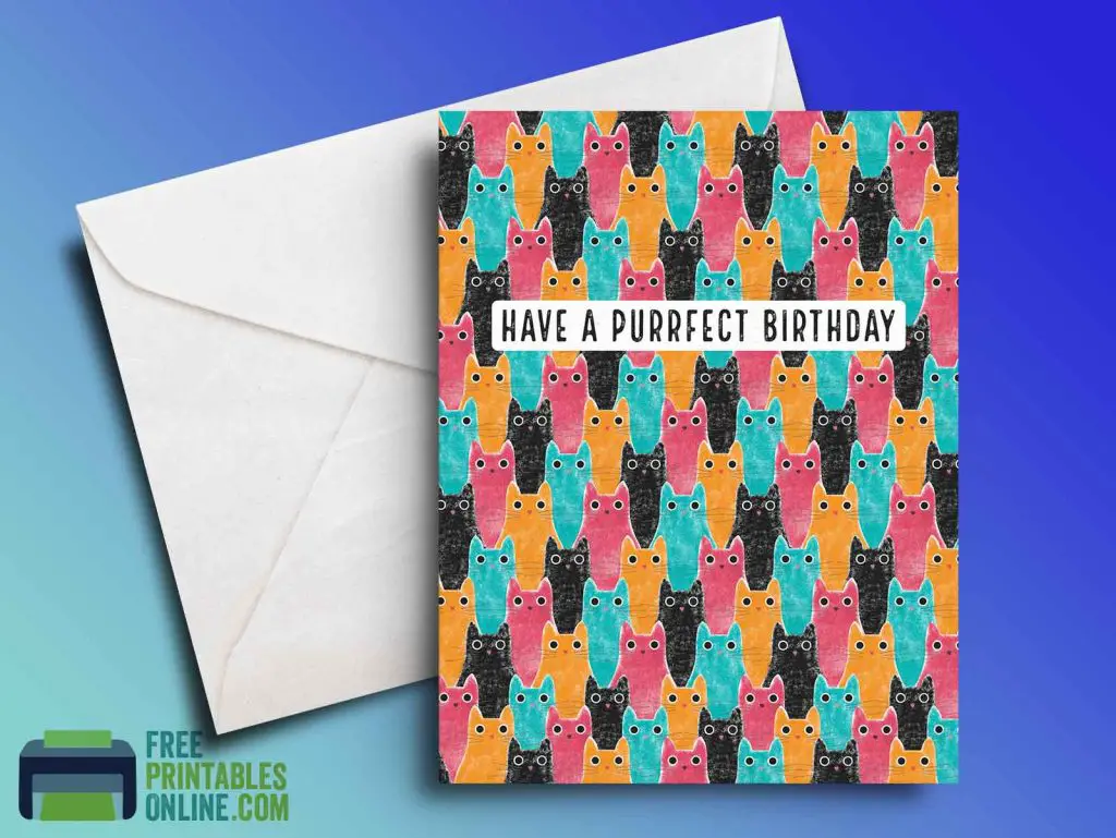 Cat pattern card with the greeting "have a purrfect birthday"