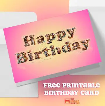 Square image is a mockup of a birthday card on a pink and yellow gradient background. Folder horizontal card sits on top of two white envelopes that are cut off at the right and left sides. The card features the text "happy birthday," decorated with various cake effects such as icing and sprinkles.