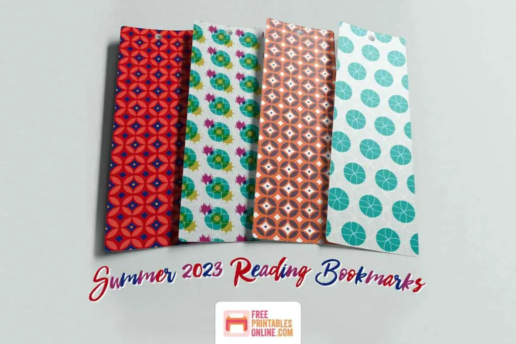 Mockup image of four summer 2023 free patterned bookmarks laying alongside each other.