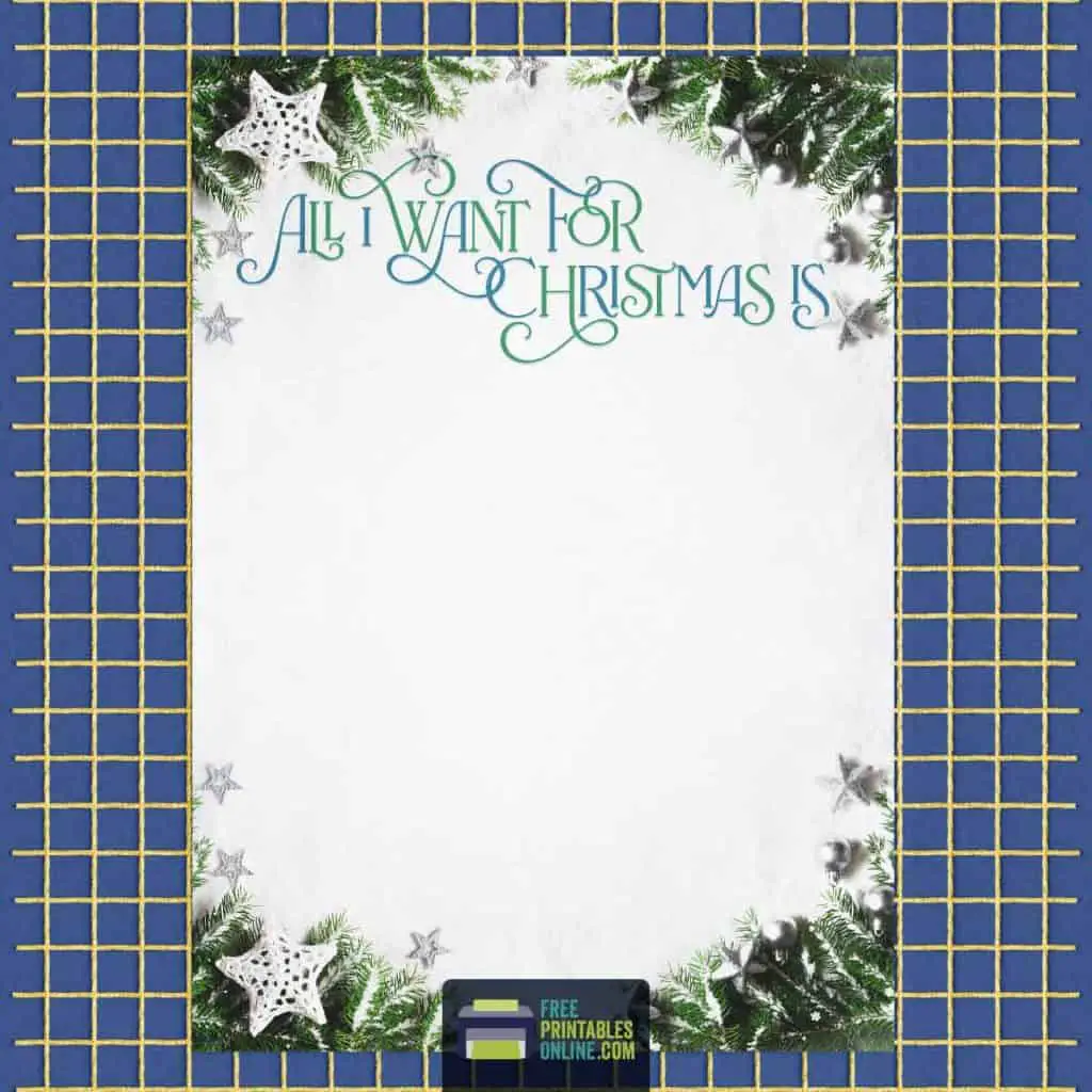 mockup image of a Christmas list with ornamental cursive text "All I want for Christmas" at the top. The top and bottom edges are decorated with Christmas foliage and decorations.