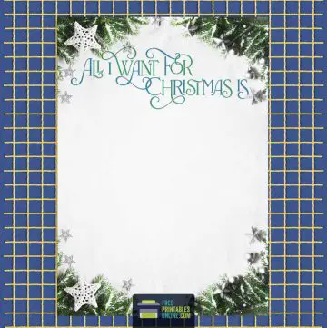 mockup image of a Christmas list with ornamental cursive text "All I want for Christmas" at the top. The top and bottom edges are decorated with Christmas foliage and decorations.