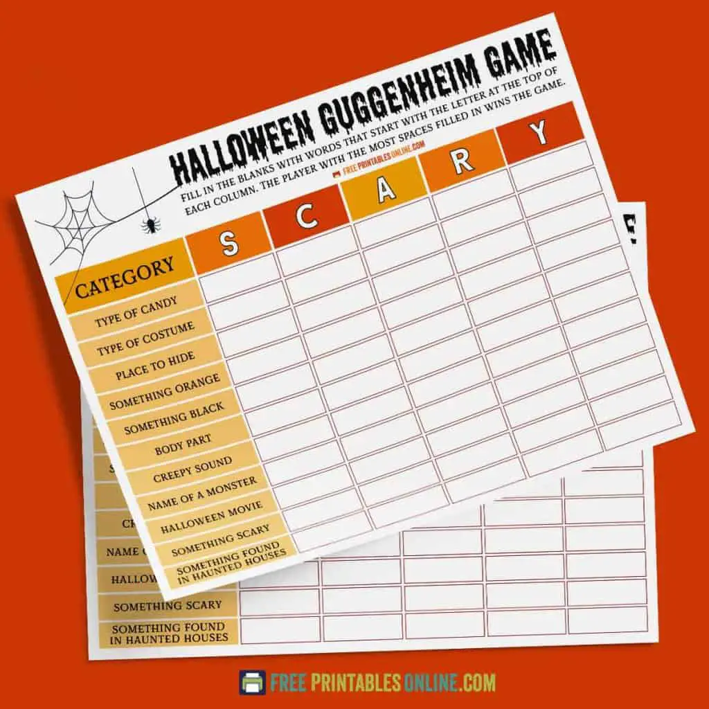 mockup image of two copies of the same game (landscape US Letter size paper) on a bold orange red background. Text across the top of the game sheet reads "Halloween gugenheim game" in a creepy font. To the left is a spider web illustration and a spider dangling. Below is a table containing spaces to play the game. Each letter of the of word SCARY heads a column, and each row is represented by a category.