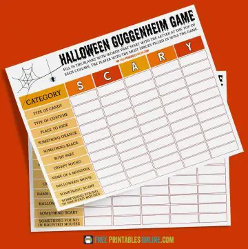 mockup image of two copies of the same game (landscape US Letter size paper) on a bold orange red background. Text across the top of the game sheet reads "Halloween gugenheim game" in a creepy font. To the left is a spider web illustration and a spider dangling. Below is a table containing spaces to play the game. Each letter of the of word SCARY heads a column, and each row is represented by a category.