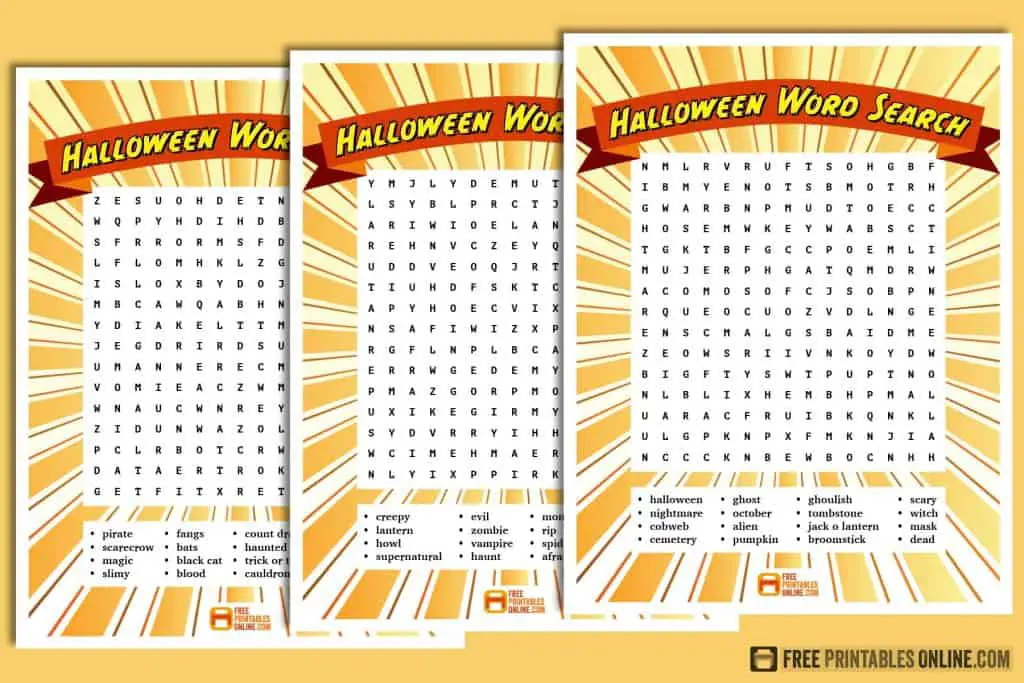 mockup image of three Halloween word search games. Across the top is a red banner with the text "Halloween word search." Centred is the word search game itself. Below this is a box with a list of words. All of this is on top of a sunburst pattern in oranges and yellows.