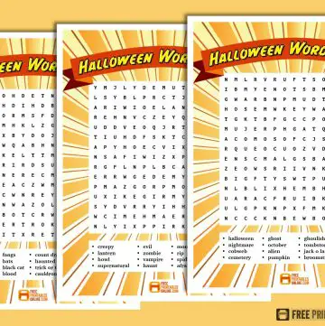 mockup image of three Halloween word search games. Across the top is a red banner with the text "Halloween word search." Centred is the word search game itself. Below this is a box with a list of words. All of this is on top of a sunburst pattern in oranges and yellows.