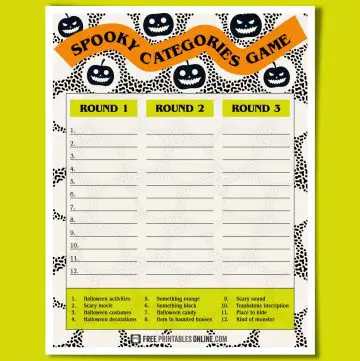 mockup image of a sheet of paper with a game. Paper is on a lime green background. The game paper features a black and white patterned background of dots and jack o lantern shapes. An orange wavy banner sits on the top of the page, containing the test "spooky categories game" in black. Below this is a white box containing three colomns, each headed with a lime green box to state the round (1, 2 and 3). At the bottom is a list of 10 categories to choose for each round.