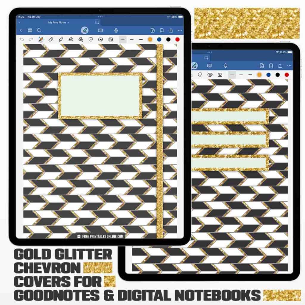 mockup of two ipads with the Goodnotes app open on both. One iPad overlaps the other. The covers on each Goodnotes notebook feature a pattern with black, white, and glittery gold chevrons.