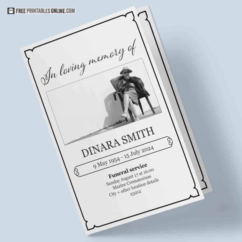 mockup of a funeral program template. This is the front page of the folded booklet on a powder blue background.