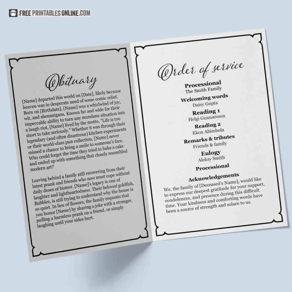 mockup of the inside of a funeral program template. On the left is the obituary and the right page contains the order of service.