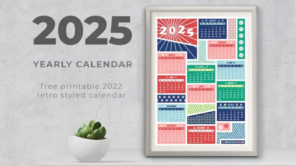 mockup image of a 2025 printable calendar in a frame