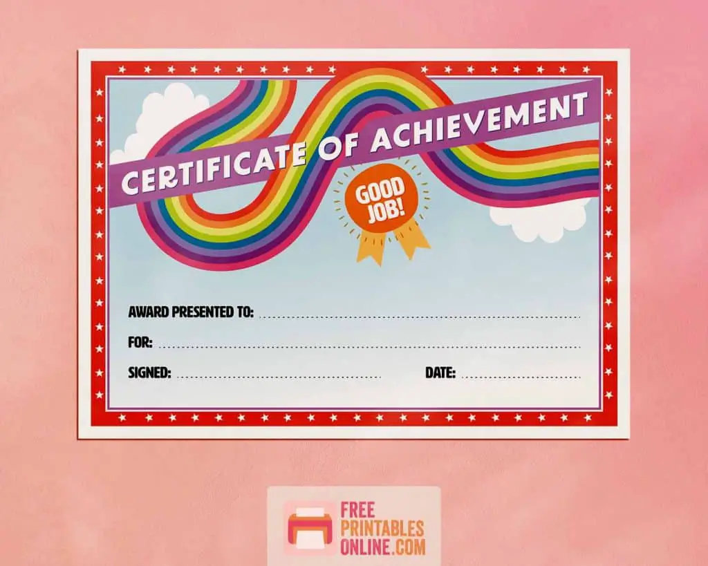 mockup image of a certificate of achievement for kids (with rainbows on blue sky), hanging on a pink wall