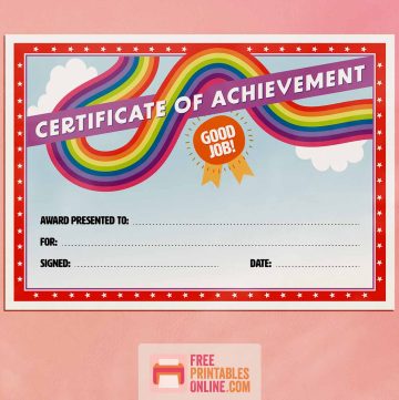 mockup image of a certificate of achievement for kids (with rainbows on blue sky), hanging on a pink wall