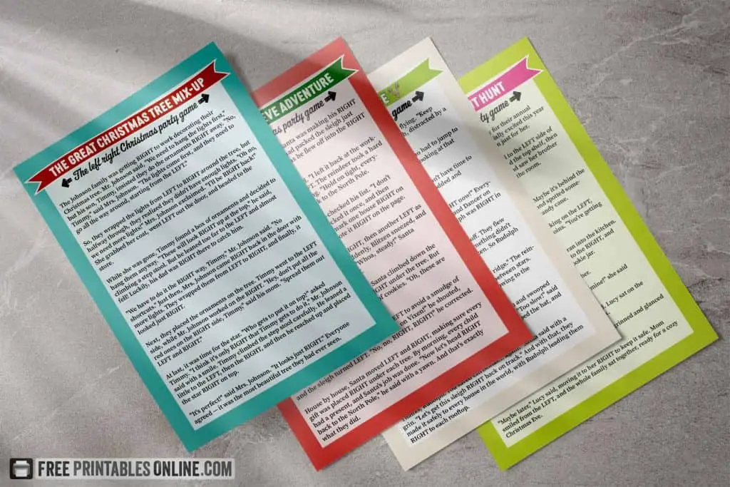 overhead shot of 4 overlapping sheets of christmas left right game printables, each with a different colour border (blue, red, cream, green), a benner with the name of the story, and story text.