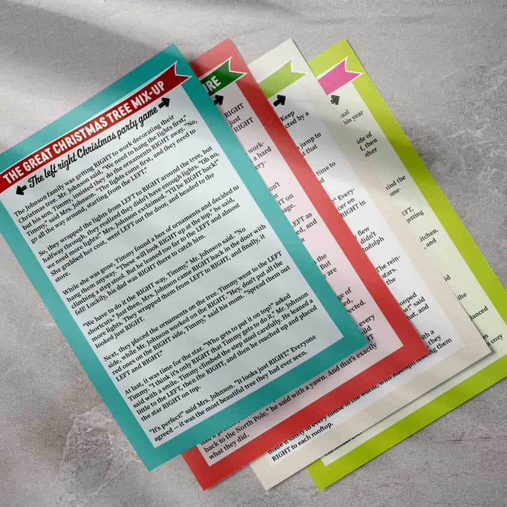 overhead shot of 4 overlapping sheets of paper, each with a different colour border (blue, red, cream, green), a benner with the name of the story, and story text.