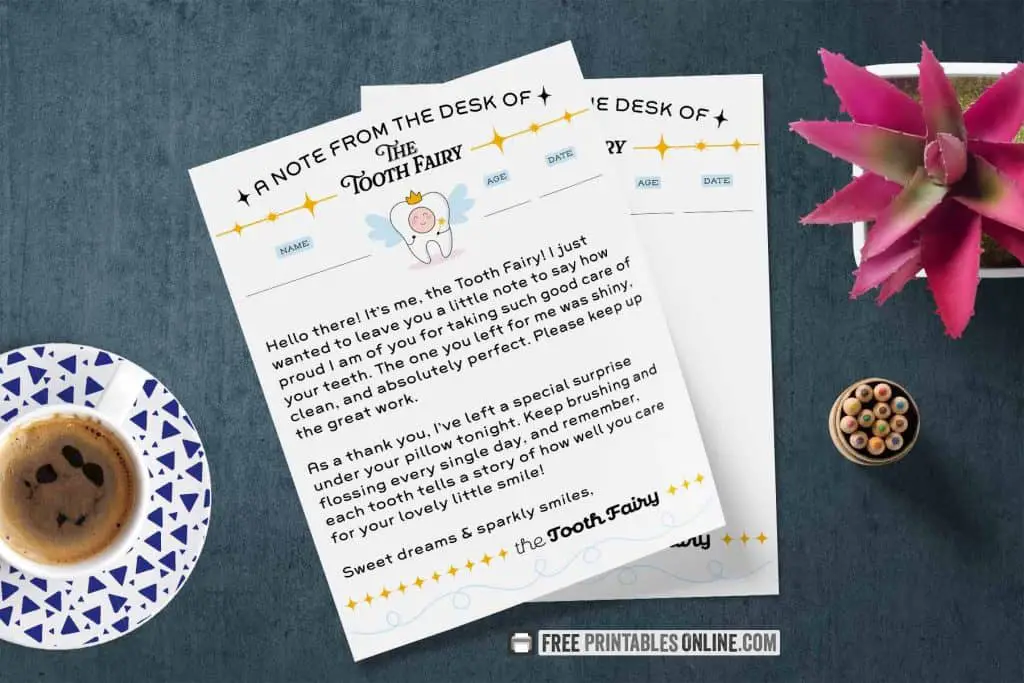 mockup image of a free printable tooth fairy letter with text above the top reading "a note from the desk of the tooth fairy" alongside an illustration of a winged tooth.