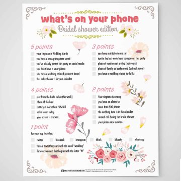 Printable bridal shower game titled 'What’s on Your Phone?' with floral decorations in pink, cream, green, and blue.