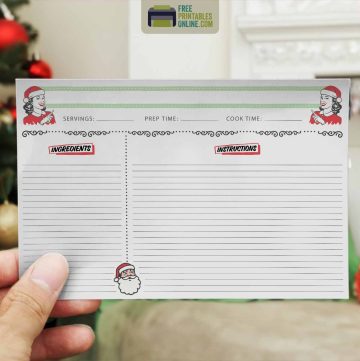a hand holding up a retro christmas recipe card with blank lines to fill in