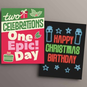 two greeting cards, side by side. One reads "two celebrations: one epic day" and the other "happy christmas birthday"