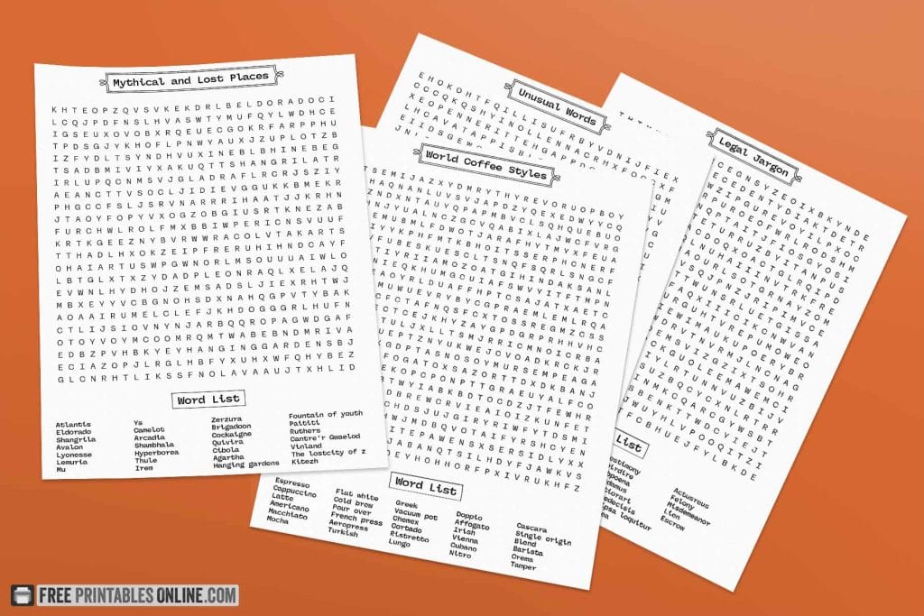 selection of word search puzzles for adults on an orange background