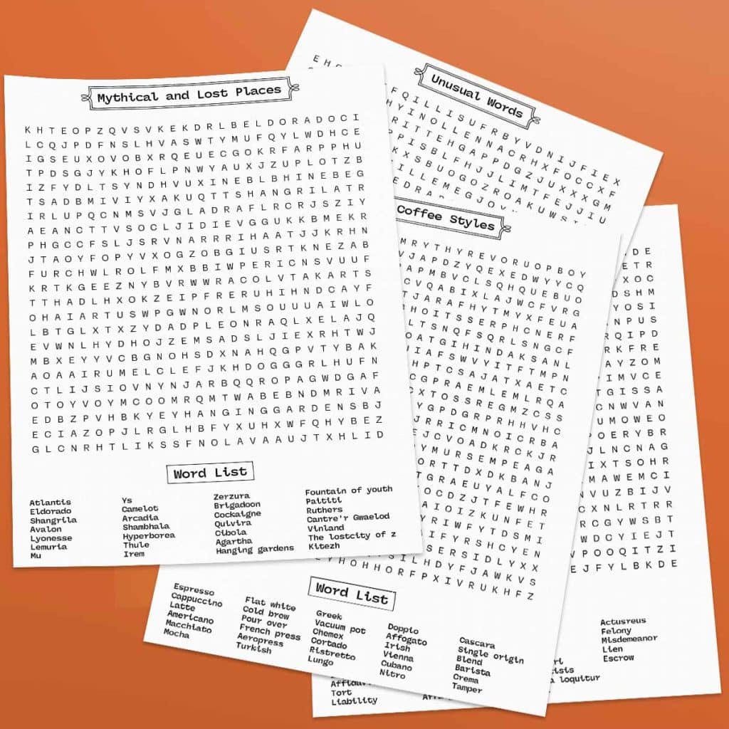 flat lay of four word search puzzles for adults