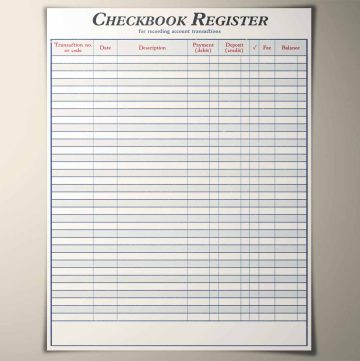 Top down view of a checkbook register, with columns for transaction number, date, description, debits, credits, fees, and balance.