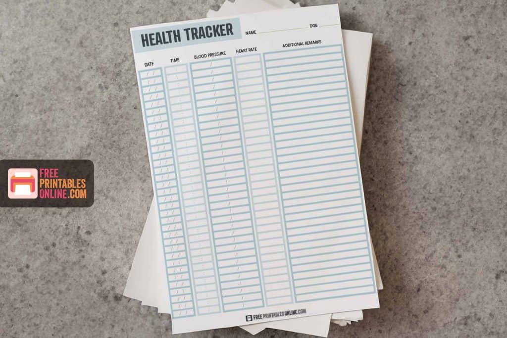 Mockup of a printable blood pressure log sheet, with columns for date, time, blood pressure, heart rate, and notes.