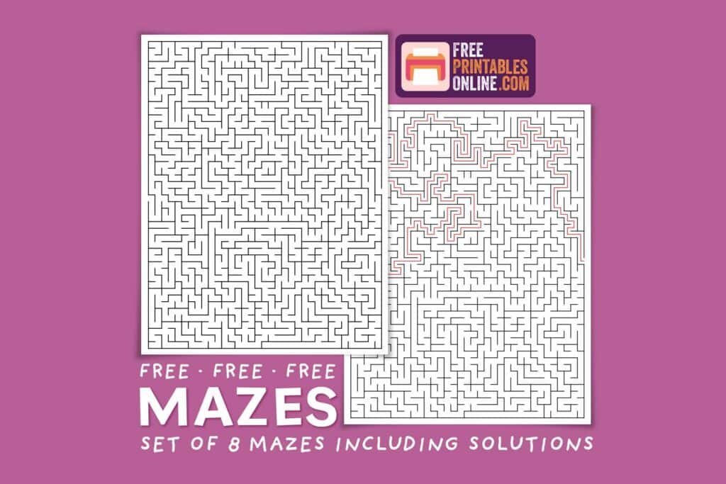 mockup of a sheet of paper with a printable maze, plus a second sheet with the solution for the maze