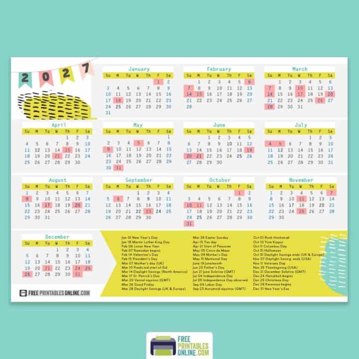 2027 printable calendar with holidays