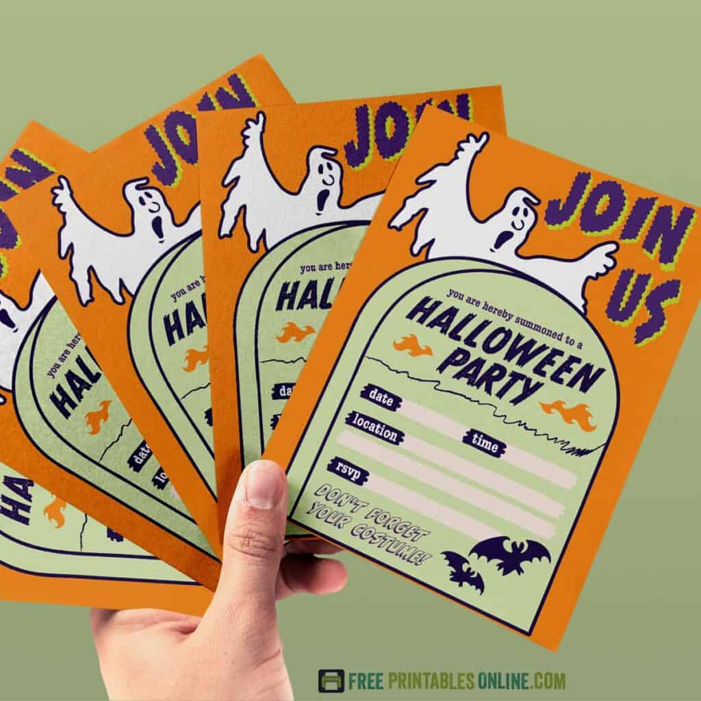 Image of a hand fanning out 5 different halloween party invitations
