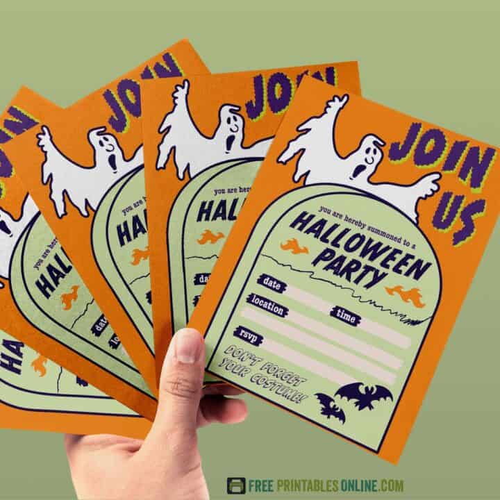 Image of a hand fanning out 5 different halloween party invitations